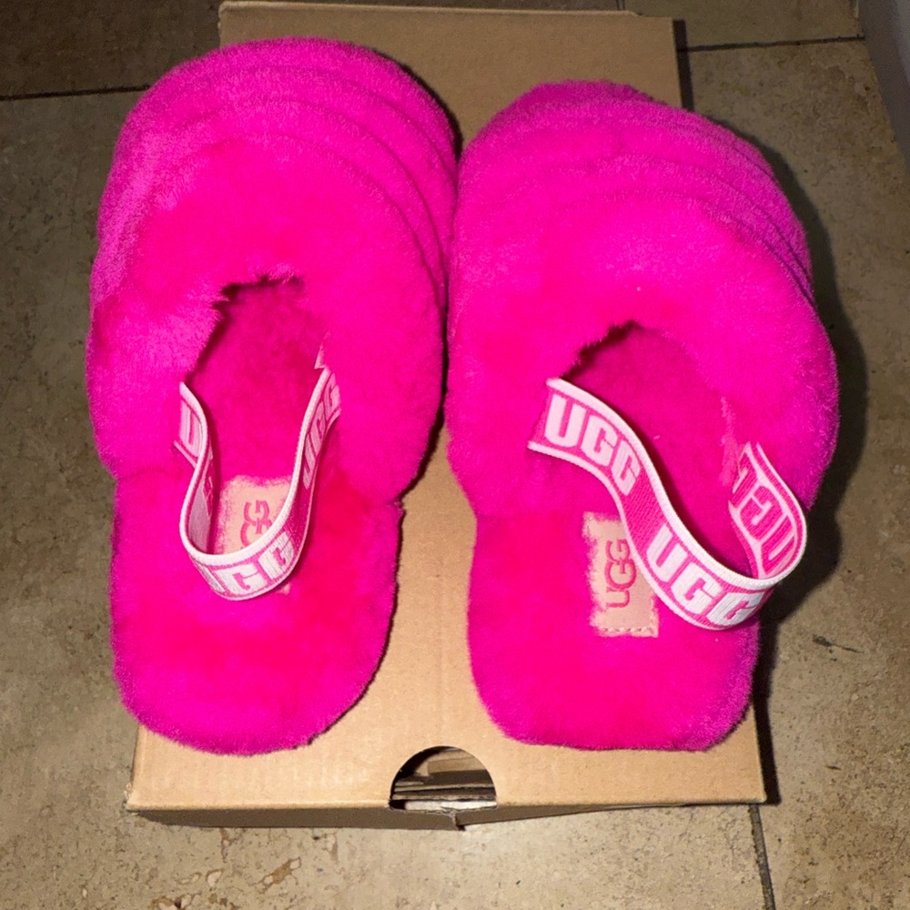 UGG Neon Pink Fluffy Slides